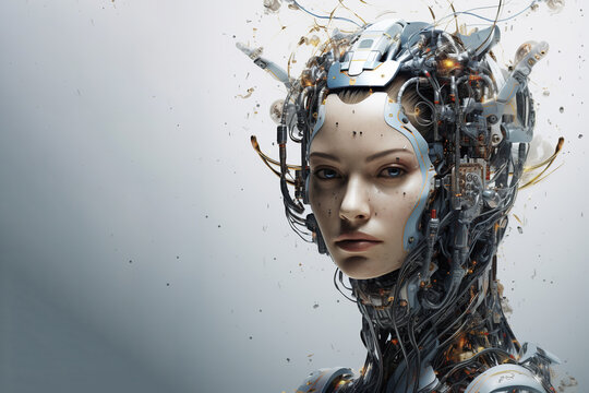 technology concept. Cyborg woman with white hair and blue eyes. 3d rendering, ai generative. banner.