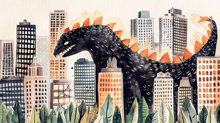 big monster destroying city skyline. Illustration. Watercolor.