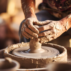 A pair of hands sculpting clay on a potters wheel.