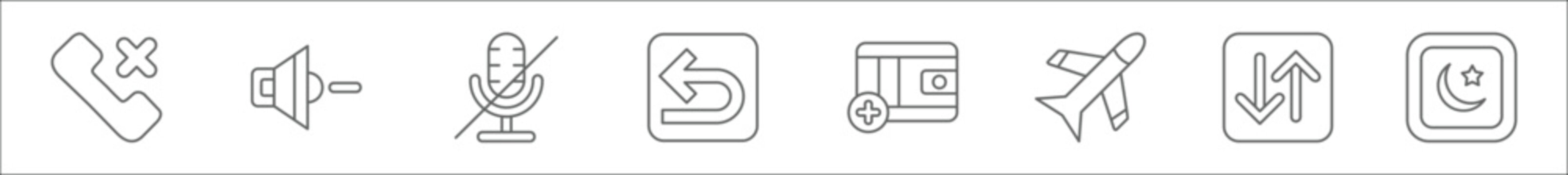 outline set of basic ui line icons. linear vector icons such as no call, volume down, sound off, return, ewallet, flight, transfer, night mode