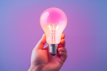 Close up a Lightbulb in a hand creative thinking concept new idea, innovation, brainstorming with copy space purple background