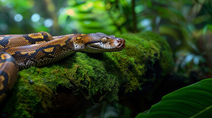 close up of boa constrictor rests on a branch in a dense rainforest