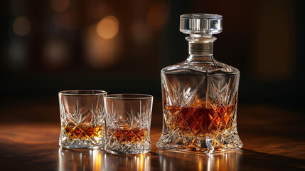 Whiskey, cognac, and brandy glasses with a bottle, isolated on a white background, embodying luxury and the essence of alcoholic beverages