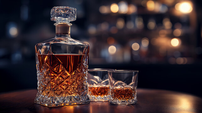 Cognac and brandy elegantly presented with a bottle and glasses, surrounded by a luxurious, isolated setting, embodying the essence of fine liquor and indulgence