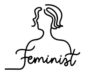 Continuous one line drawing of feminist text and girl  Female power, woman rights, protest, feminism.
