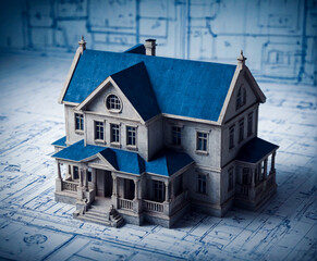 Classic house model on blueprint