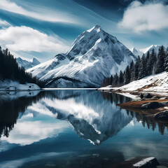 A serene mountain lake reflecting a snowy peak.
