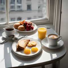 Breakfast with coffee, orange juice, toast, and fruits, next to the window, white background
