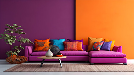 Corner vibrant fabric sofa near purple wall.