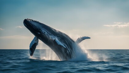 big whale with pointed fins skipping in blue ocean water with foam
