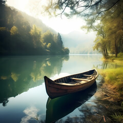 A serene rowboat on a tranquil lake.