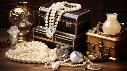 Cosmetics and jewelry made of pearls on an old wood.