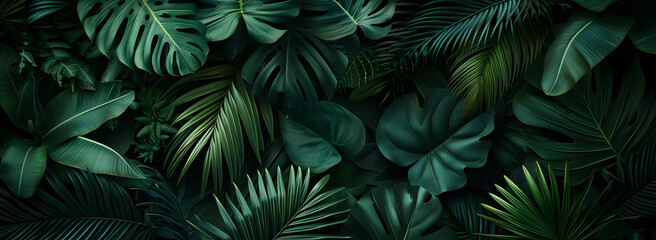 A nature background featuring an abstract green leaf texture. The image showcases dark green tropical leaves in close-up, revealing layered textures and various elements of tropical flora.