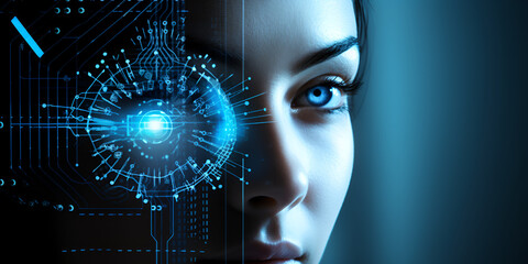 The face of a woman with a digital interface | Futuristic computer graphic of glowing human face | Futuristic Interface: Glowing Human Face in Digital Realm