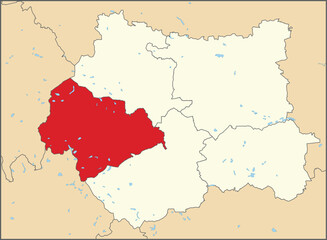 Red flat blank highlighted location map of the METROPOLITAN BOROUGH OF CALDERDALE inside beige administrative local authority districts map of West Yorkshire, England