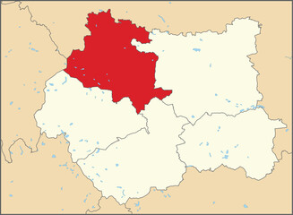 Red flat blank highlighted location map of the METROPOLITAN BOROUGH AND CITY OF BRADFORD inside beige administrative local authority districts map of West Yorkshire, England