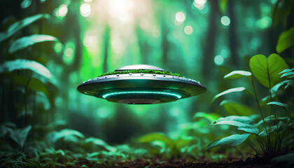 alien spaceship. tiny alien spaceship in a forest. ufo roaming in jungle - exploration and discovery. futuristic illustration. creative photography. - obrazy, fototapety, plakaty