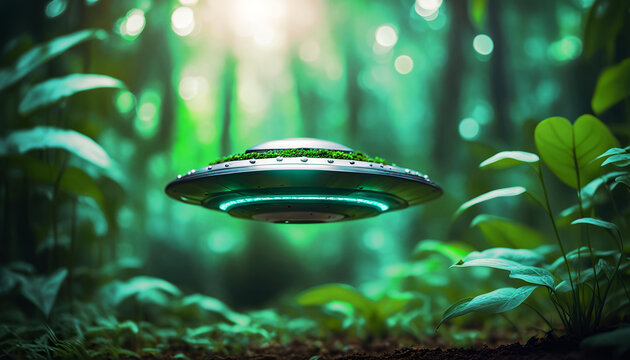 alien spaceship. tiny alien spaceship in a forest. ufo roaming in jungle - exploration and discovery. futuristic illustration. creative photography.