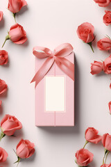gift box mockup on the light background with rose leafs 