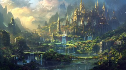 Fototapeta premium A fantasy landscape with towering castles and mysterious forests. Oil painting. 
