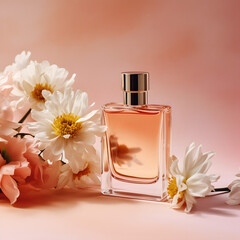 Bottle of perfume with flowers on color background. Generative AI.