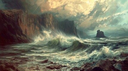 A maritime scene where mighty waves crash against rugged cliffs under a stormy sky. Oil painting.  - obrazy, fototapety, plakaty