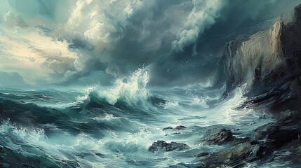 A maritime scene where mighty waves crash against rugged cliffs under a stormy sky. Oil painting.  - obrazy, fototapety, plakaty