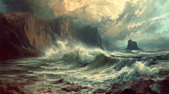 A maritime scene where mighty waves crash against rugged cliffs under a stormy sky. Oil painting. 