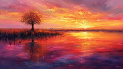 Fototapeta na wymiar A serene landscape depicting a tranquil lake at dusk, with the sky ablaze in shades of orange, pink, and purple. Oil painting. 