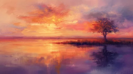 Fotobehang A serene landscape depicting a tranquil lake at dusk, with the sky ablaze in shades of orange, pink, and purple. Oil painting.  © Dannchez