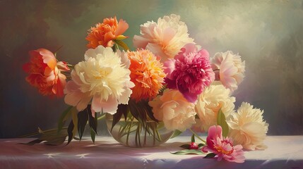 A still life of a vase of vibrant peonies, set against a softly lit background. Oil painting. 