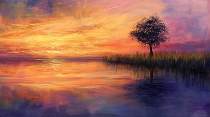 A serene landscape depicting a tranquil lake at dusk, with the sky ablaze in shades of orange, pink, and purple. Oil painting.  - obrazy, fototapety, plakaty