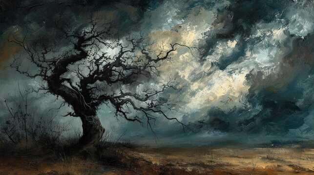 A scene of an old, twisted tree standing alone in a field, its branches stretching towards a stormy sky. Oil painting. 