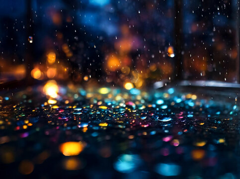 Abstract background with color raindrops on window and night blurred light. Rain drops on glass for backgrounds rainy fall autumn weather. Outside window is blurred bokeh water of night city