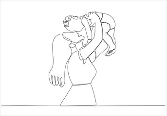 Happy Mother's Day card. Continuous one line drawing. Woman holding her baby. Vector illustration