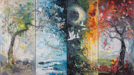An abstract interpretation of the four seasons, with each quadrant of the painting representing a different season. Oil painting. 