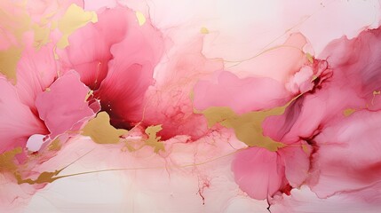 Alcohol ink painting abstract background with gold veins and pink paint stains