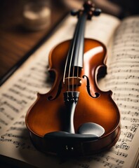 glossy polished violin and music notebook
