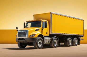A large retro yellow truck with a sleeping part and an aerodynamic extension carries a trailer with a sea container. 3d rendering.