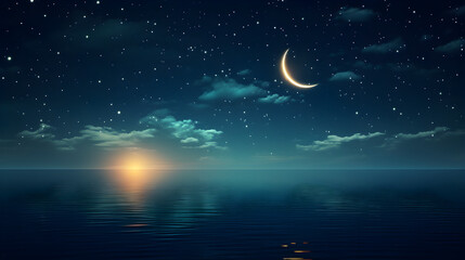Obraz na płótnie Canvas Crescent moon in starry sky over sea at night.