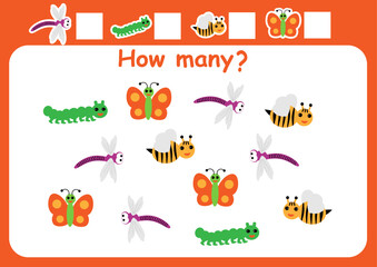 How many bees, butterflies, dragonflies and caterpillars here. Counting game for children. Mathematics worksheet for preschoolers.