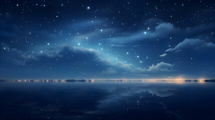 Crescent moon in starry sky over sea at night.