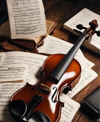Fototapeta premium glossy polished violin and music notebook 