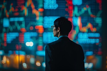 sadness asian investor standing in front of chart digital background, subprime economic crisis, disheartened by the financial crisis, plunge in stock prices, and the failure to invest. generative AI