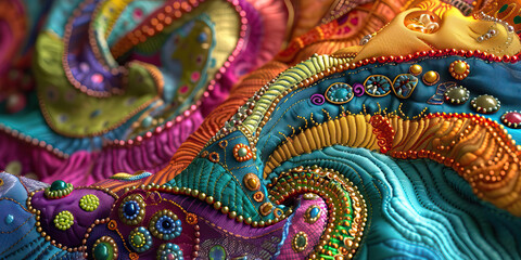 Artistic Sewing: Close-up of Intricate Sewing Patterns and Designs, Showcasing the Artistry of Handcrafted Textiles
