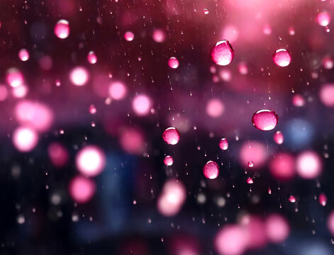 Rain drops on glass for pink backgrounds rainy fall autumn weather. Abstract background with raindrops on window and blurred daylight. Outside window is blurred bokeh water of city. Copy space