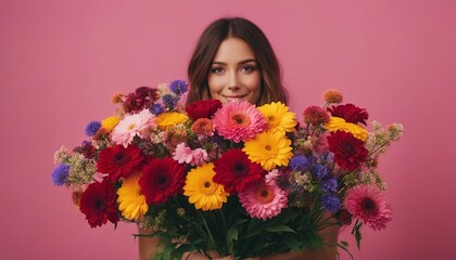 Naklejka premium person demonstrating bunch of colorful flowers against pink background