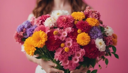 Fototapeta premium person demonstrating bunch of colorful flowers against pink background