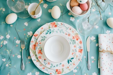 Easter beautiful table setting with porcelain plates and cute Easter print, formal dinner