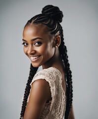 portrait of African girl with braided hair and smiling smile, isolated white background. copy space

